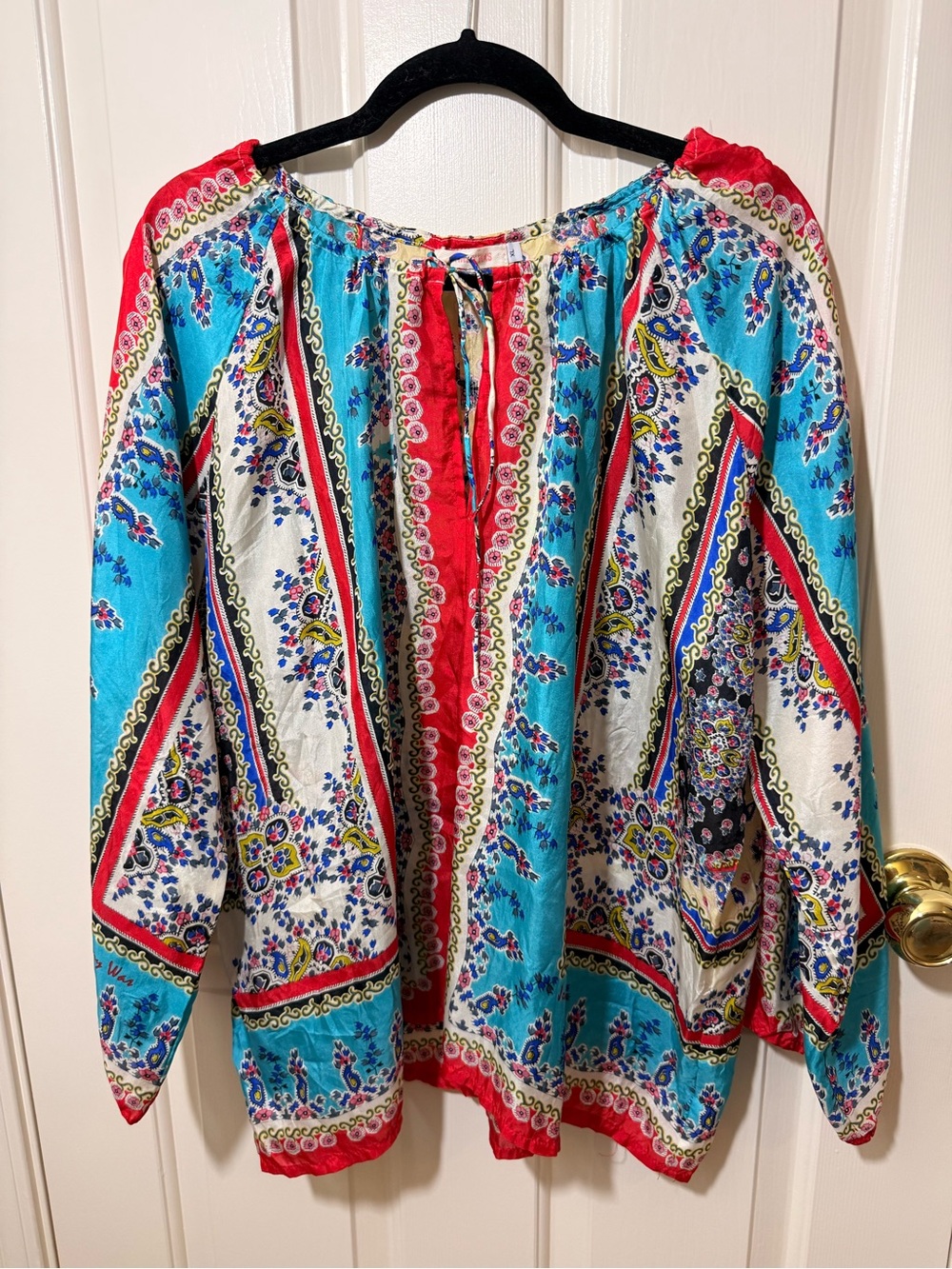 Johnny Was Turquoise and Red Boho Printed Tie-Neck Tunic